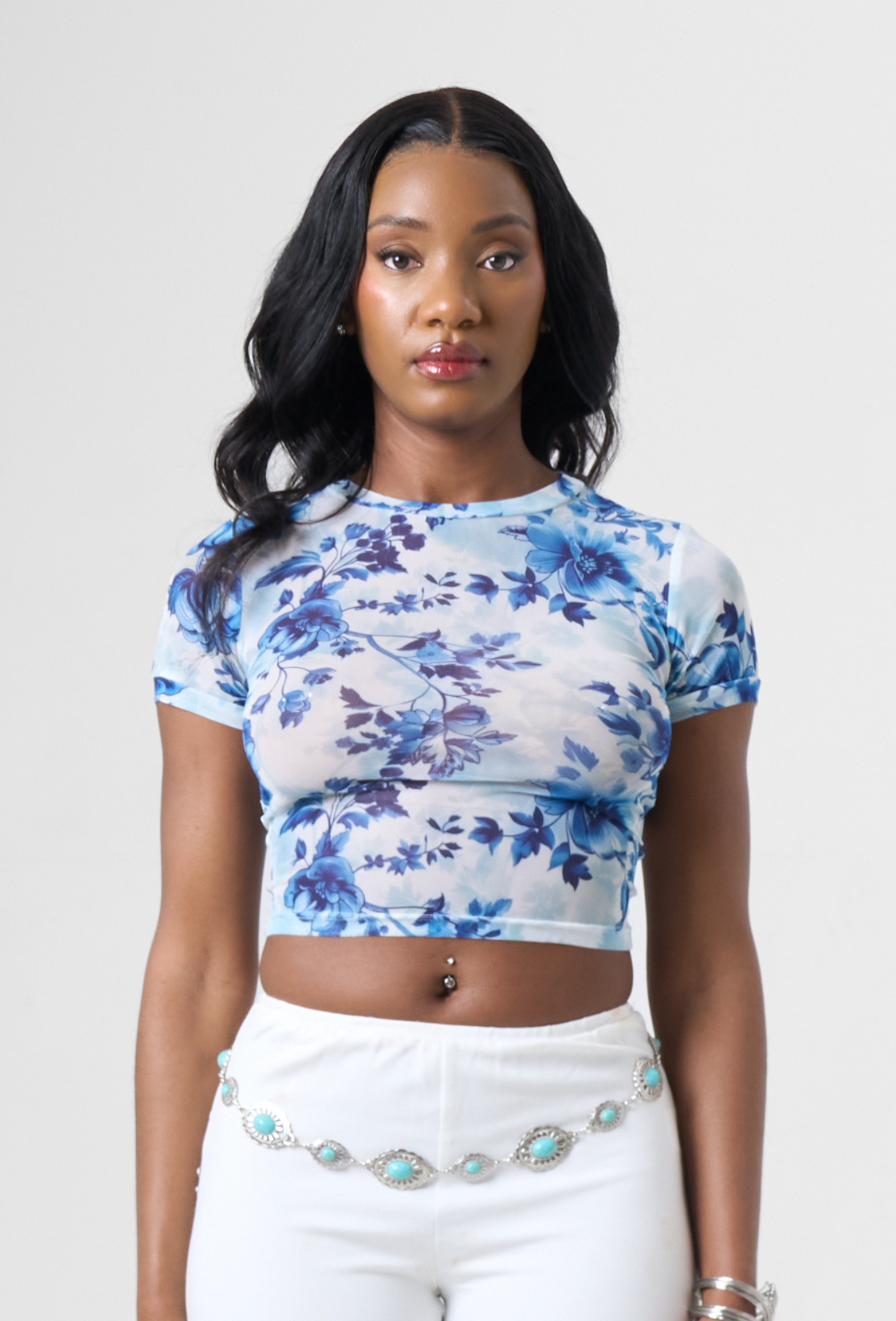 Floral Print Mesh Top Blue