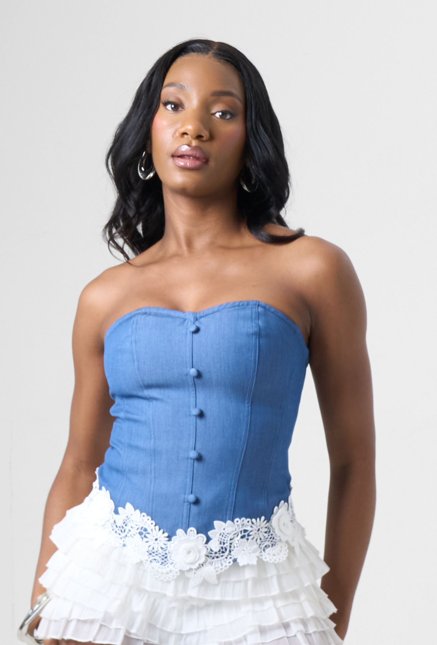 Strapless Denim Corset Top in Blue
