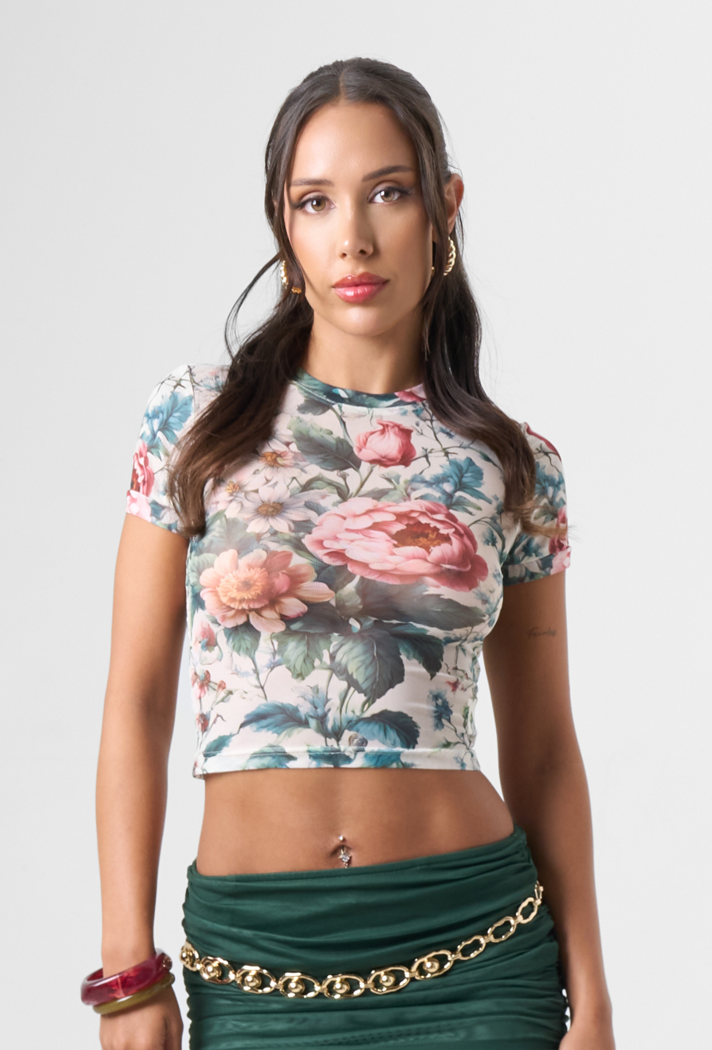 Floral Print Mesh Print Top in Green