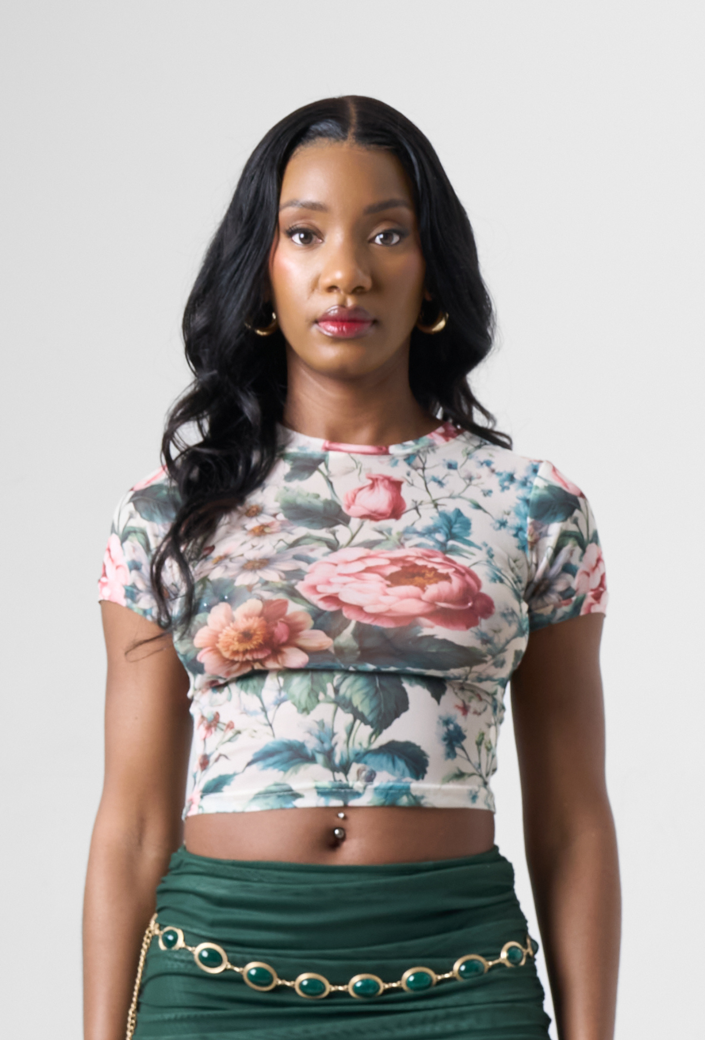 Floral Print Mesh Print Top in Green
