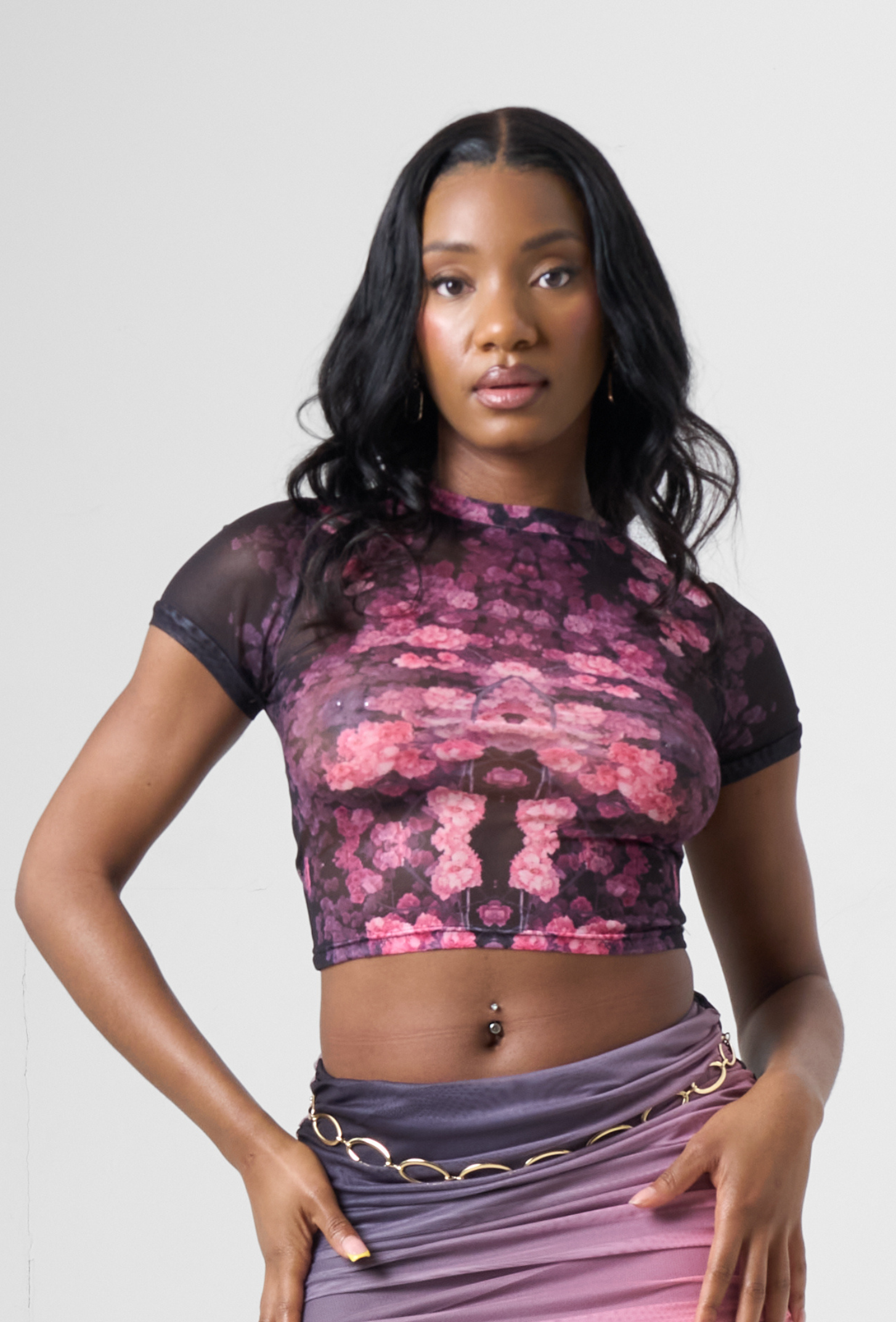 Floral Print Mesh Top in Pink