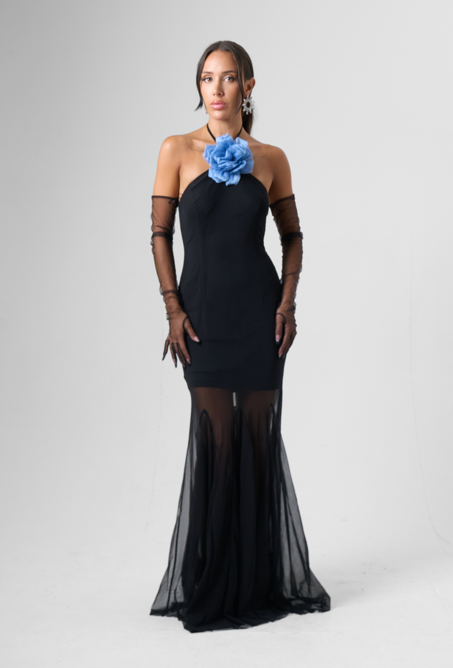 Halter Mesh Maxi Dress in Black