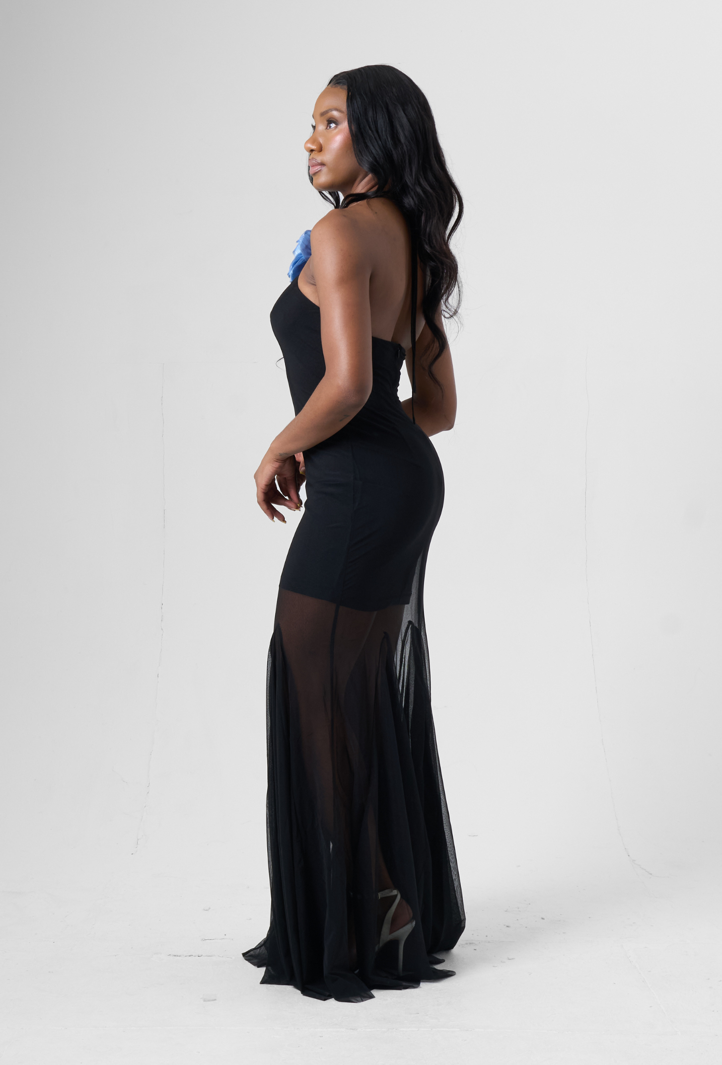 Halter Mesh Maxi Dress in Black