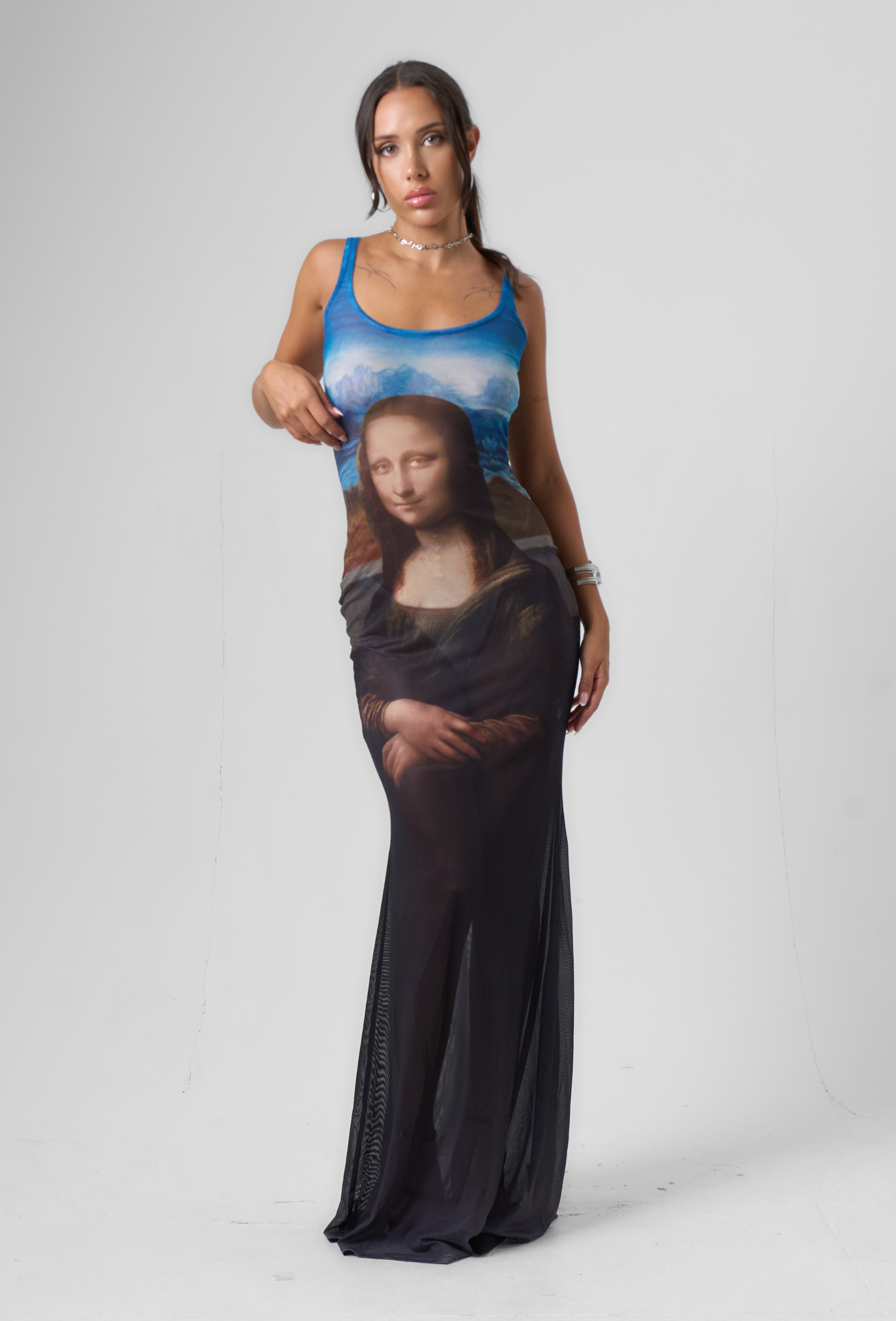 Mesh Print Maxi Dress in Blue