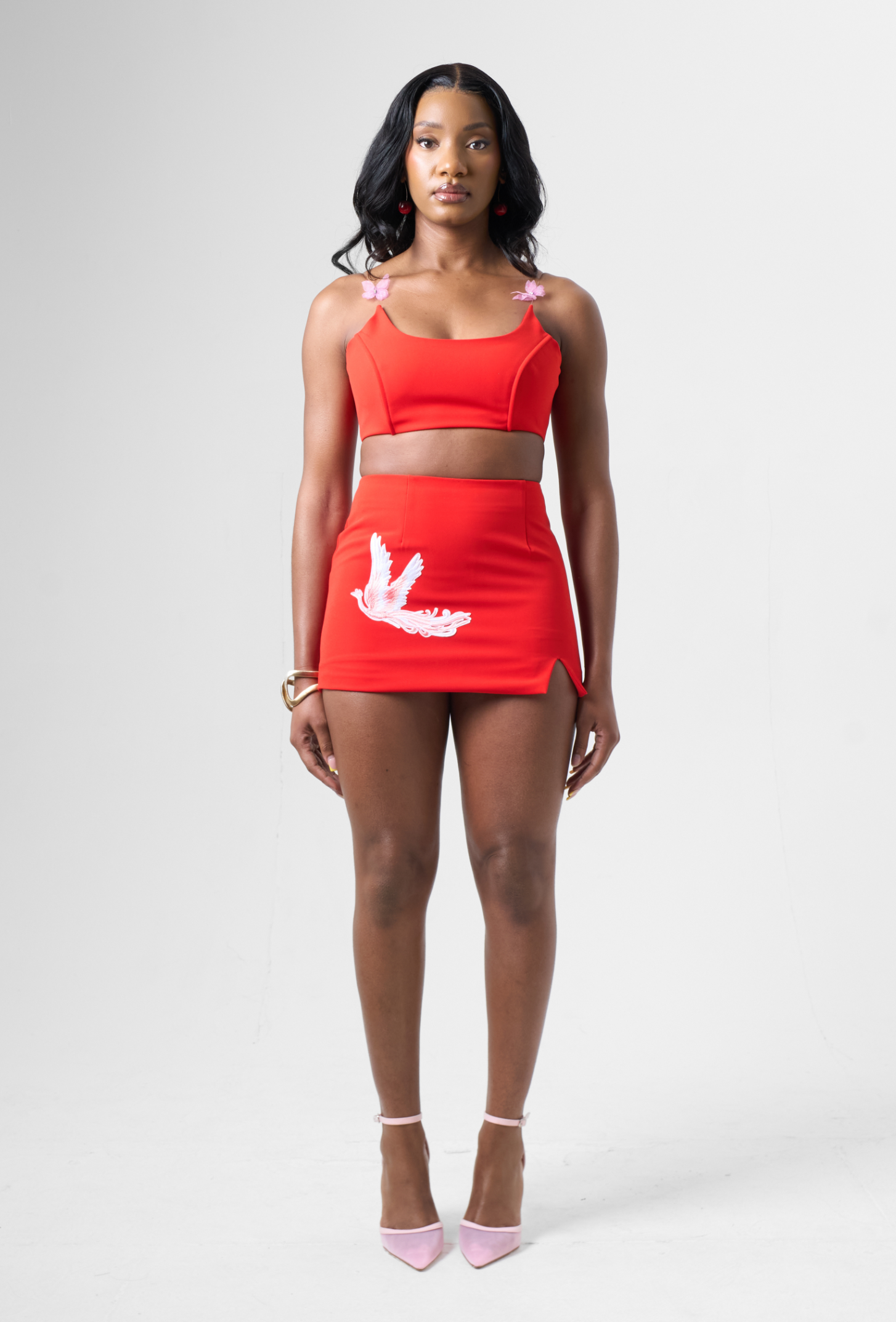 Red Front Slit Skirt with embroidery