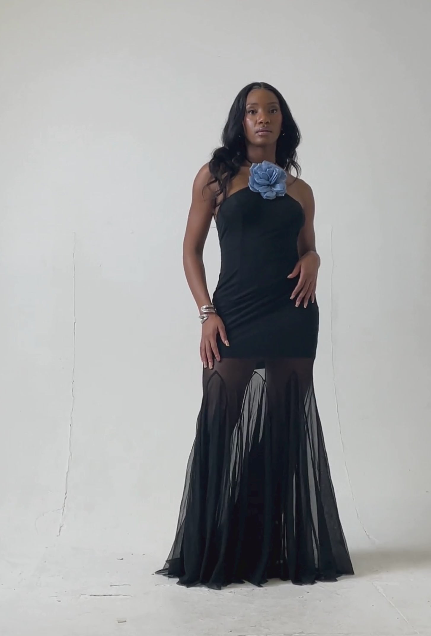 Halter Mesh Maxi Dress in Black