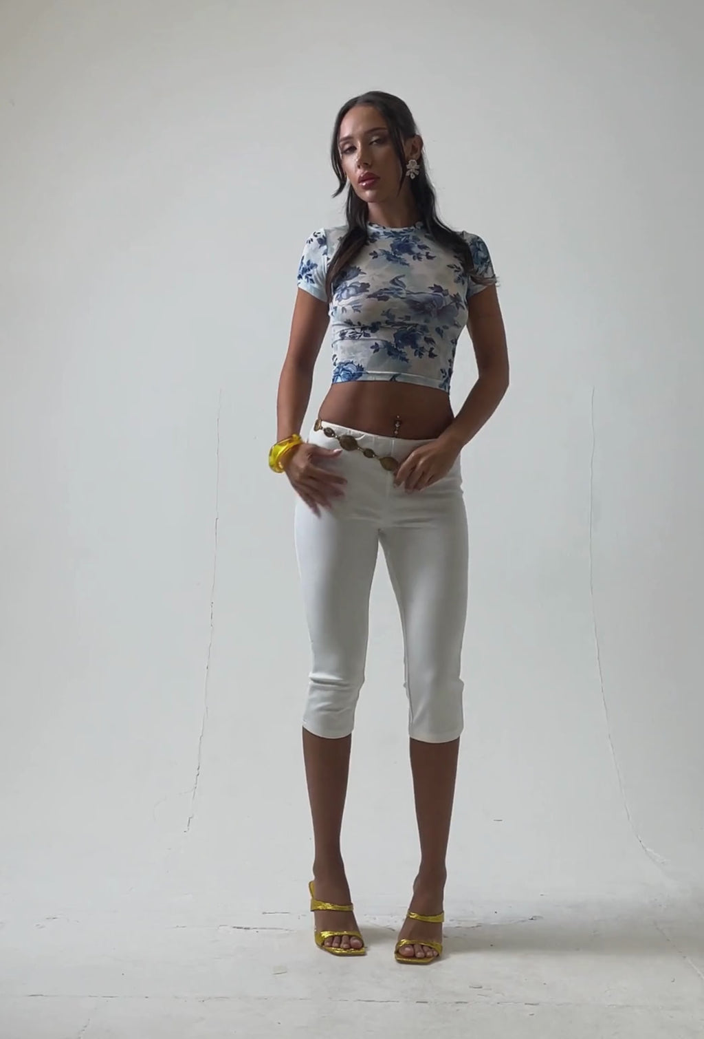 Floral Print Mesh Top Blue